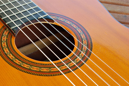 part of guitar soundboard, showing soundhole,strings,rosette,etc.,