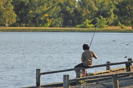 Boy fishing at lake