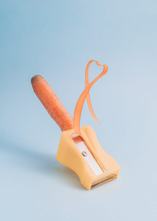 Creative composition with pencil sharpener and carrot on pastel blue