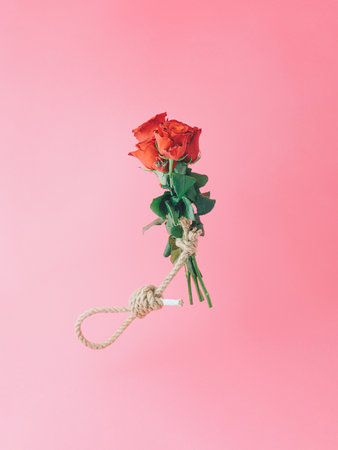 Creative Valentines composition with rose bouquet and hangmans noose against pastel pink background.の写真素材
