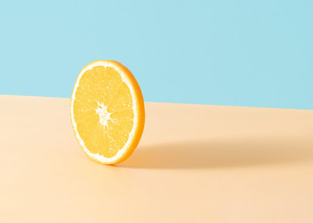 Minimal summer concept with sliced orange fruit on bright sandy background. Trendy fresh nature concept.の写真素材