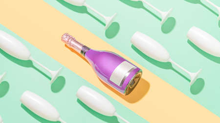 Creative party table pattern with purple champagne bottle and white glasses on  mint green and peach puff geometric background.の写真素材