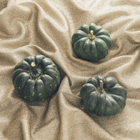 Creative autumn background with three dark green pumpkins on shiny silk sheet. Minimal cosy holiday...