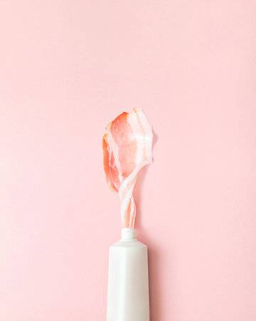 Minimal trendy flat lay composition with white tube and fresh bacon on pastel pink background.