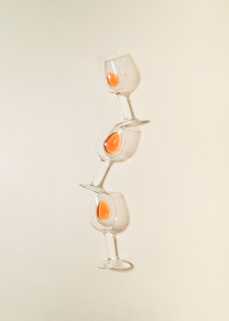 Minimal flat lay composition with three rose vine glasses on bright cream background.の写真素材