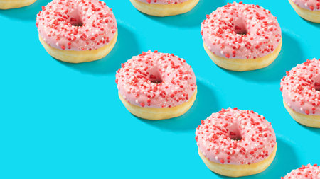 Creative pattern made of sweet pink cream  donuts on vibrant blue background.  Bold colors. Diagonal...