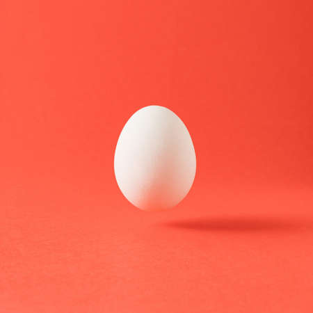 Minimal easter composition with levitating white egg against pastel red background.の写真素材