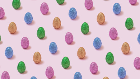 Trendy easter pattern with colorful glitter eggs on pastel pink background