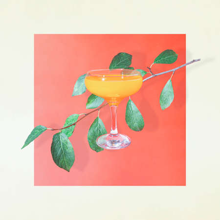 Old school beverage poster with crystal cocktail glass with orange beverage and green leaves against red square paper background.の写真素材
