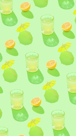 Colorful summer vertical pattern with citrus fruits, glasses and yellow paper parasol on sunny green...