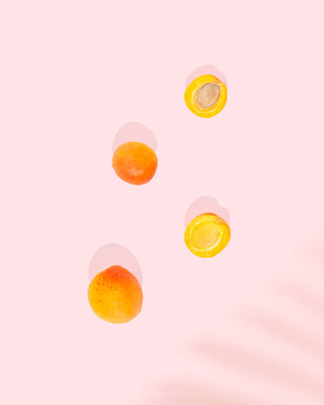 Minimal summer flat lay with fresh apricot on sunny pink background. Tropical fruit concept.の写真素材