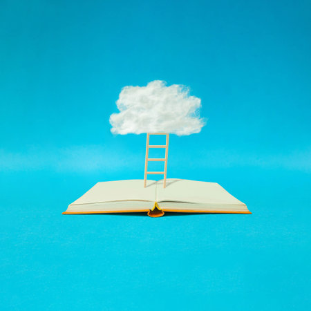 Creative composition with opened book, white cloud and ladder on sky blue background.