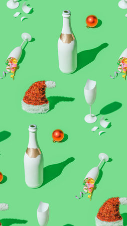 Creative vertical pattern with red santa hat, champagne bottle, broken glass and xmas decorations on bright green background. Trendy christmas party concept.の写真素材