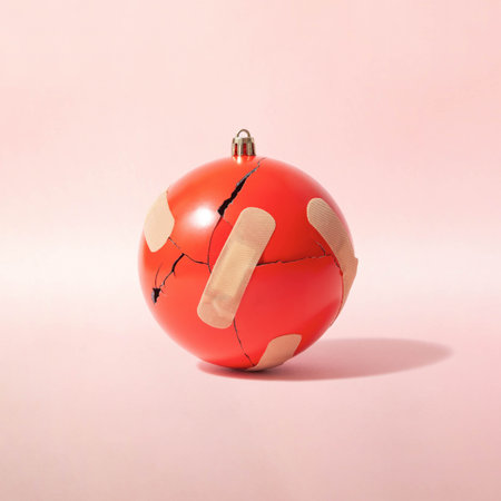 Creative composition with broken red Christmas bauble repaired with patch on pastel pink background....
