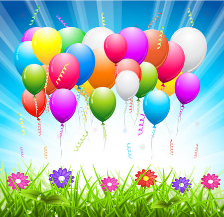 illustration of spring landscape and balloons.のイラスト素材