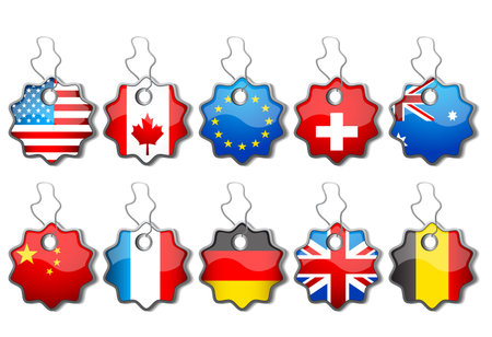 Vector illustration of labels with flags. Each flag is grouped and layered separately.のイラスト素材