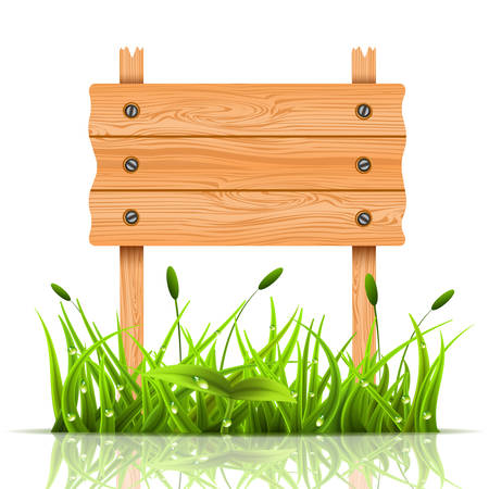 Vector illustration of wooden banner and grass. Spring concept.のイラスト素材