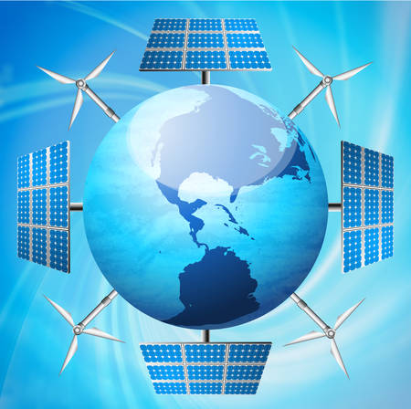 Abstract Eco concept with globe solar panel and windmills. のイラスト素材