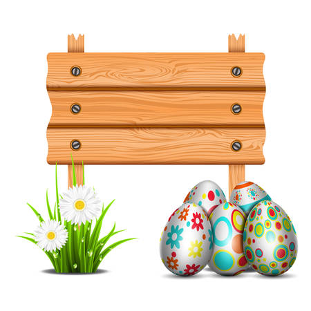 Easter concept with eggs and wooden banner. EPS10 vector file. Contains opacity and transparency. のイラスト素材