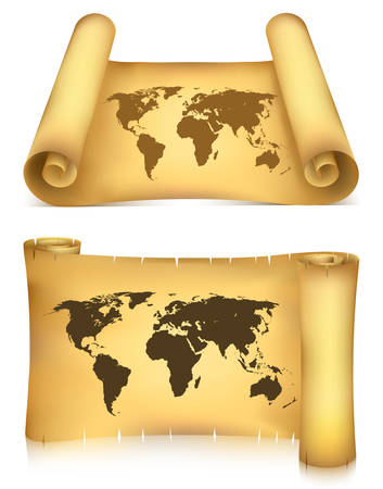 Vector illustration of old paper with map  isolated on white.のイラスト素材