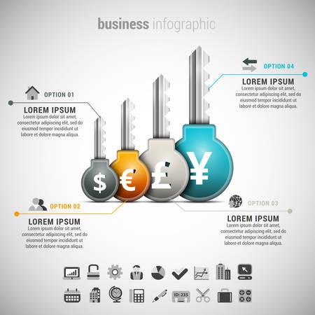 Vector illustration of business infographic made of keys and currencies.のイラスト素材