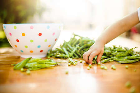 Child is having fun and peeling peas outhside.の写真素材