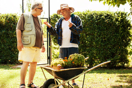 Farmer is showing his backyard decoration to friend.