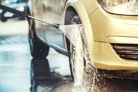 Washing car with soap. Close up concept.の写真素材