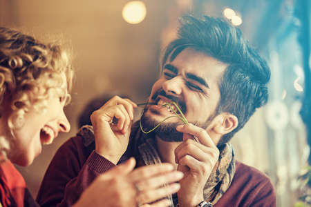 Young couple enjoying restaurant in the morning.の写真素材