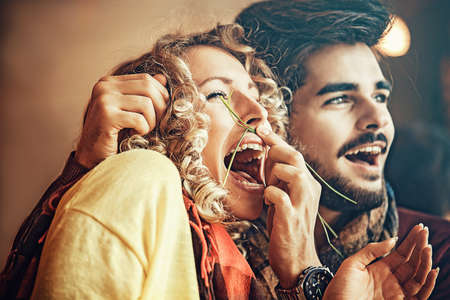 Young couple enjoying restaurant in the morning.の写真素材