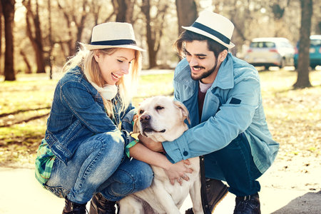 Young and attractive couple enjoying spring with labrador.