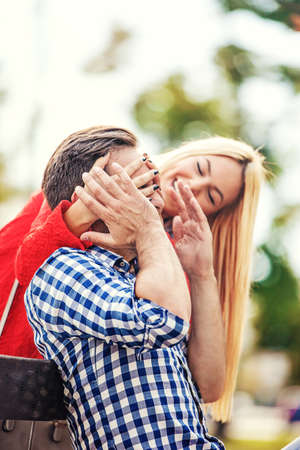 Young happy and attractive couple is enjoying outside.の写真素材