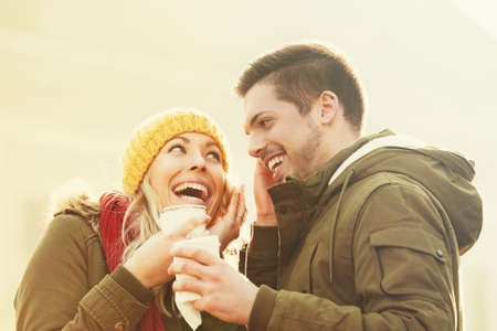 Young couple in love enjoying autumn day together.の写真素材
