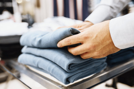 Portrait of handsome young man buying clothes in the store.
