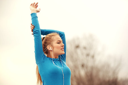 Young blonde woman is exercise early in the morning.