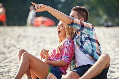Happy couple enjoying Sunny day on the Danube river.の写真素材