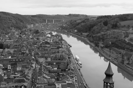 black white Dinant overview from above the citadel