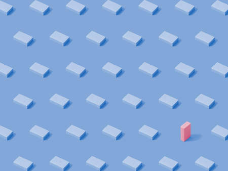 Trendy blue pattern made of eraser cube, with one different pink cube. Blue background. Minimal and geometric concept.の写真素材