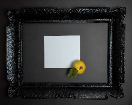 Black vintage frame, with useful black and white background, and yellow apple.の写真素材