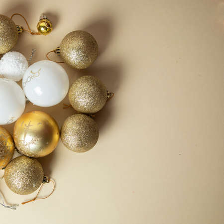 Christmas decoration made of golden and white decoration. Happy New Year and Christmas concept.の写真素材