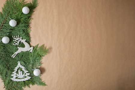 New Year and Christmas decoration on light brown background. Happy New Year idea. Holidays.