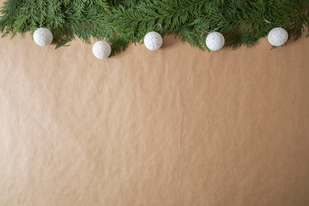 New Year and Christmas decoration on light brown background. Happy New Year idea. Holidays.の写真素材