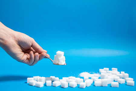 sugar cubes in a spoon on a blue backgroundの写真素材