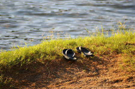 flip flops on a beachの写真素材