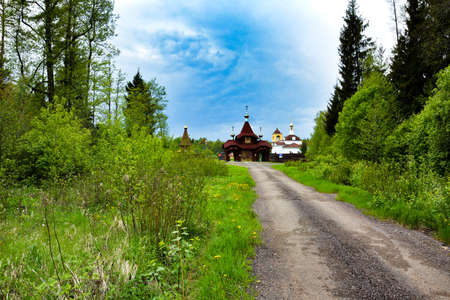 narrow road to churchの写真素材
