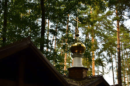 gilded dome with a cross on the chapel in the forestの写真素材