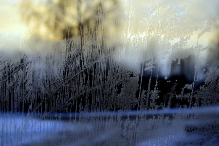 frozen condensation in the form of stripes on glassの写真素材