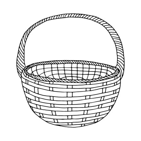 Hand-drawn wicker basket isolated on a white background.Round high basket for a picnic, for collecting mushrooms and berries, for Easter, for a holiday in nature, for animals.Vector illustrationのイラスト素材