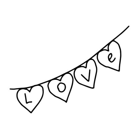 Garland of hearts with the inscription love, hand-drawn Doodle line, contour drawing.Black and white image.Love, Valentine's day, feelings, holiday, decoration.Vector illustrationのイラスト素材