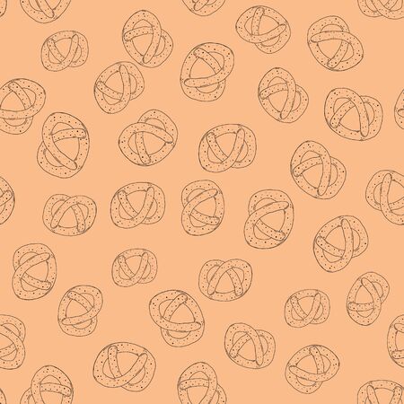 Pretzel seamless pattern of brown color. Hand drawn line drawing. Doodles. Packaging for baking, printing for textiles. Delicious pastries.Vectorのイラスト素材